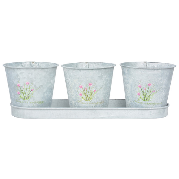3 cvetlični lončki s podstavki, vzorec drobnjaka