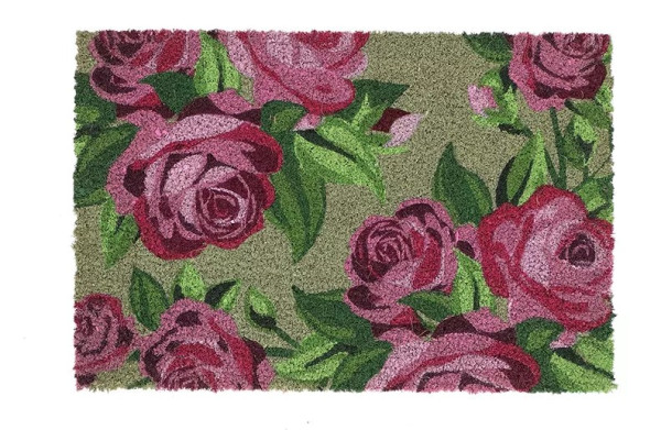 Predpražnik iz kokosovih vlaken z vzorcem vrtnic, zelen, 60 x 40 cm