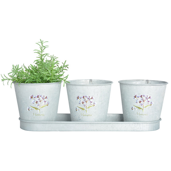 3 cvetlični lončki s podstavki, vzorec pozabljivk