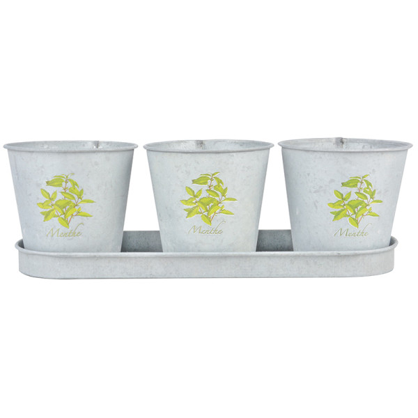 3 cvetlični lončki s podstavki, vzorec mete